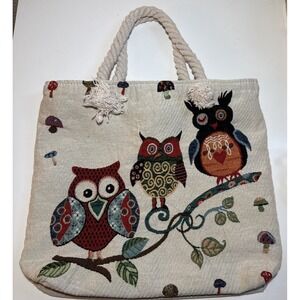 Embroidered Canvas Owl Tote Bag With Mushrooms Zipper Purse 15"x16"